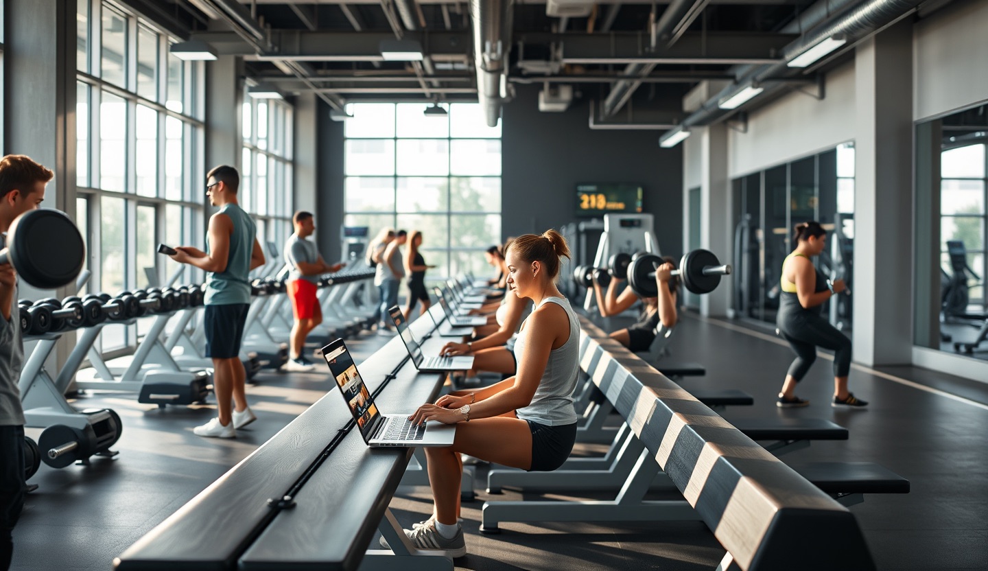 A bright modern gym where people lift dumbbells next to laptops resting on benches